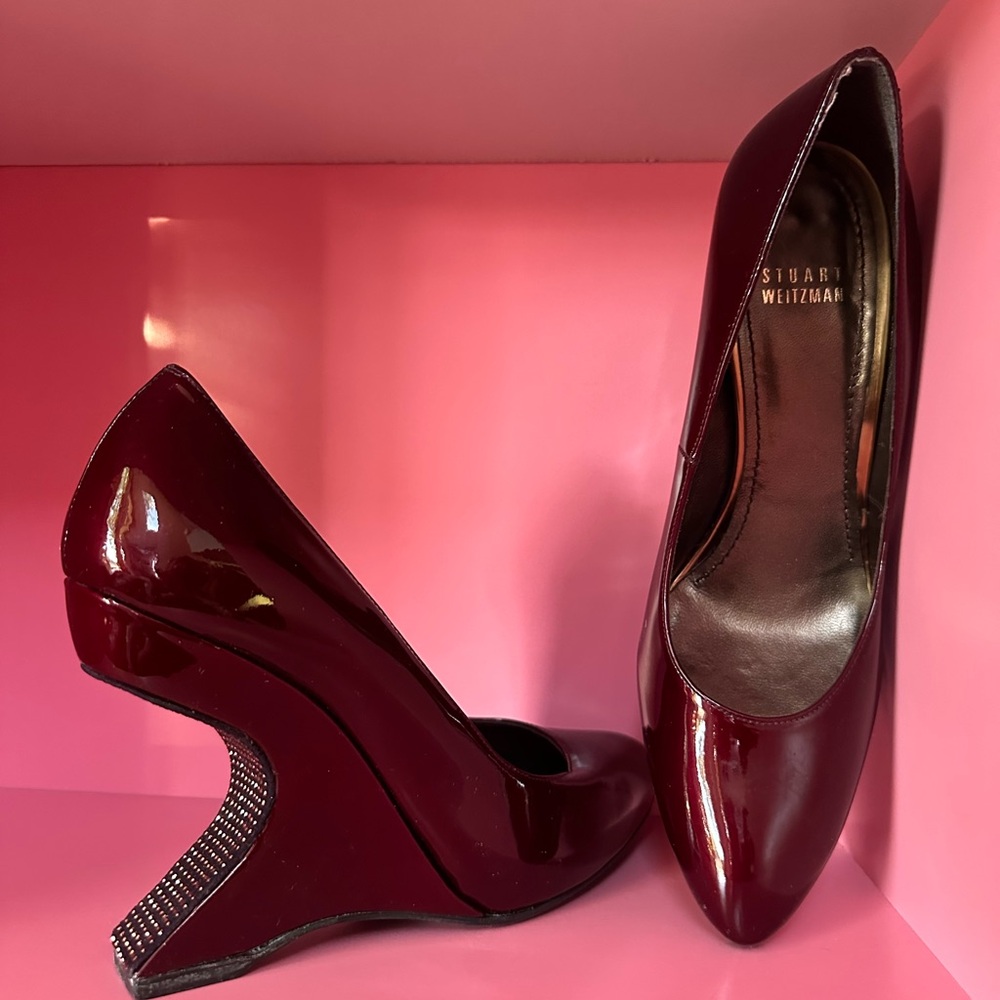 Stuart Weitzman Maroon Patent Leather Wedge Rhinestone Heels - Picture 5 of 10